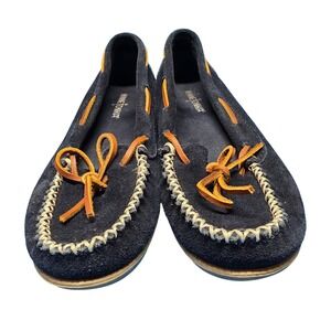 Minnetonka Suede Moccasin Shoes Navy Blue Leather Laces Women Size 6.5 Slippers